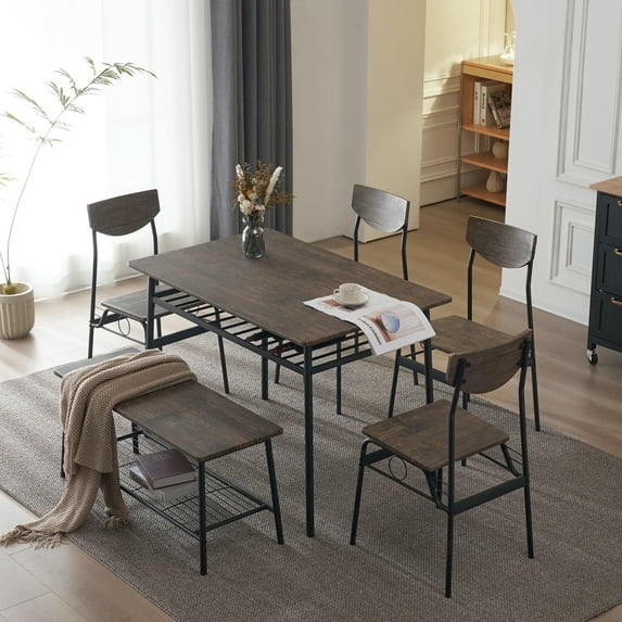 6 Piece Dining Table Set, Wooden Dining Table with Storage Rack, 4 Chair and Bench, Stainless Steel Frame Modern Dining Set for Home, Kitchen, Breakfast Small Space, Easy Assembly, Deep