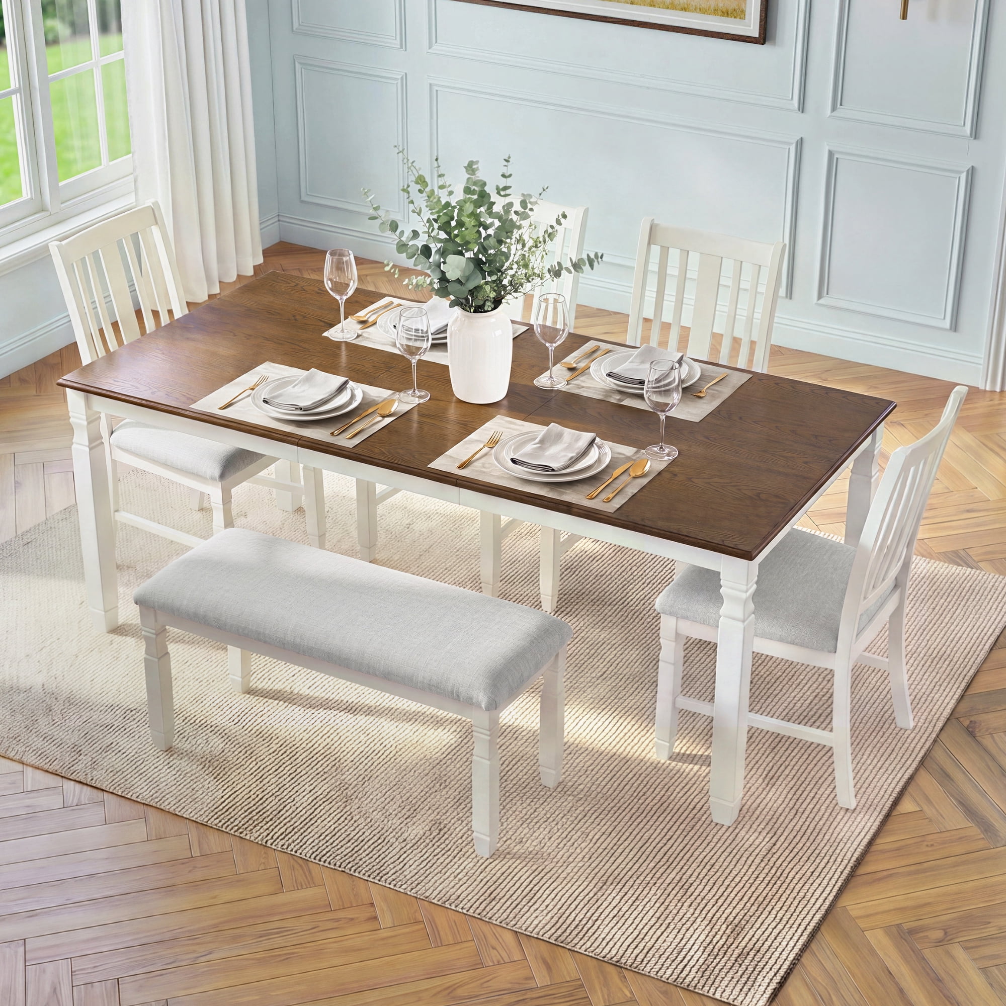 6-Piece Dining Table Set for 4, 77" Extendable Dining Table with 4 Upholstered Chairs and 1 Bench
