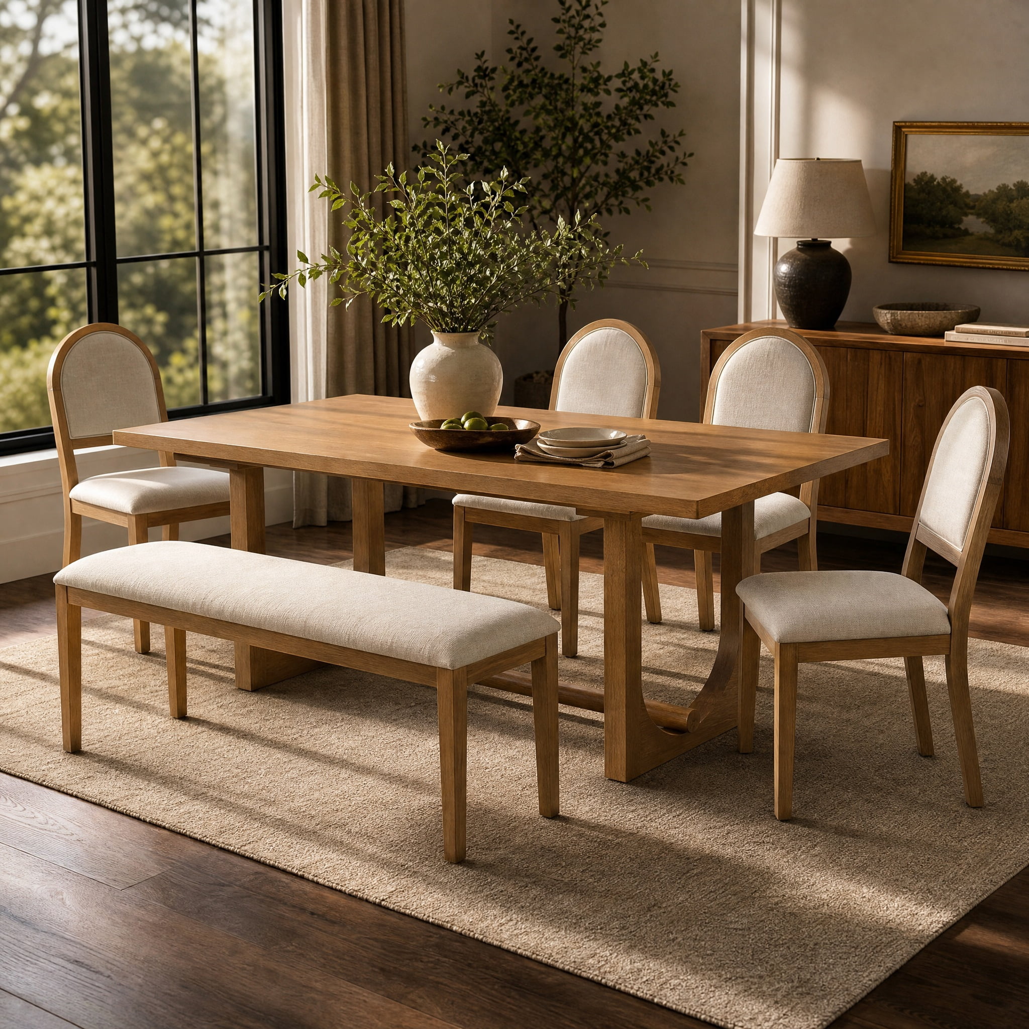 6-Piece Dining Table Set for 6, 48.1"-84.3" Extendable Dining Table with 4 Upholstered Chairs and Bench