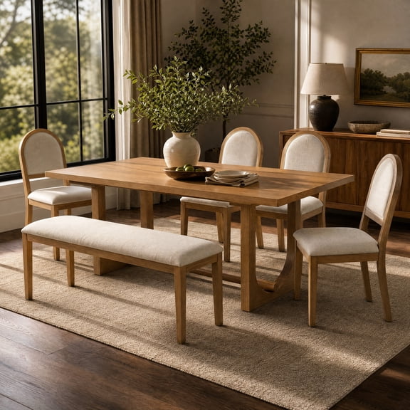 6-Piece Dining Table Set for 6, 48.1"-84.3" Extendable Dining Table with 4 Upholstered Chairs and Bench
