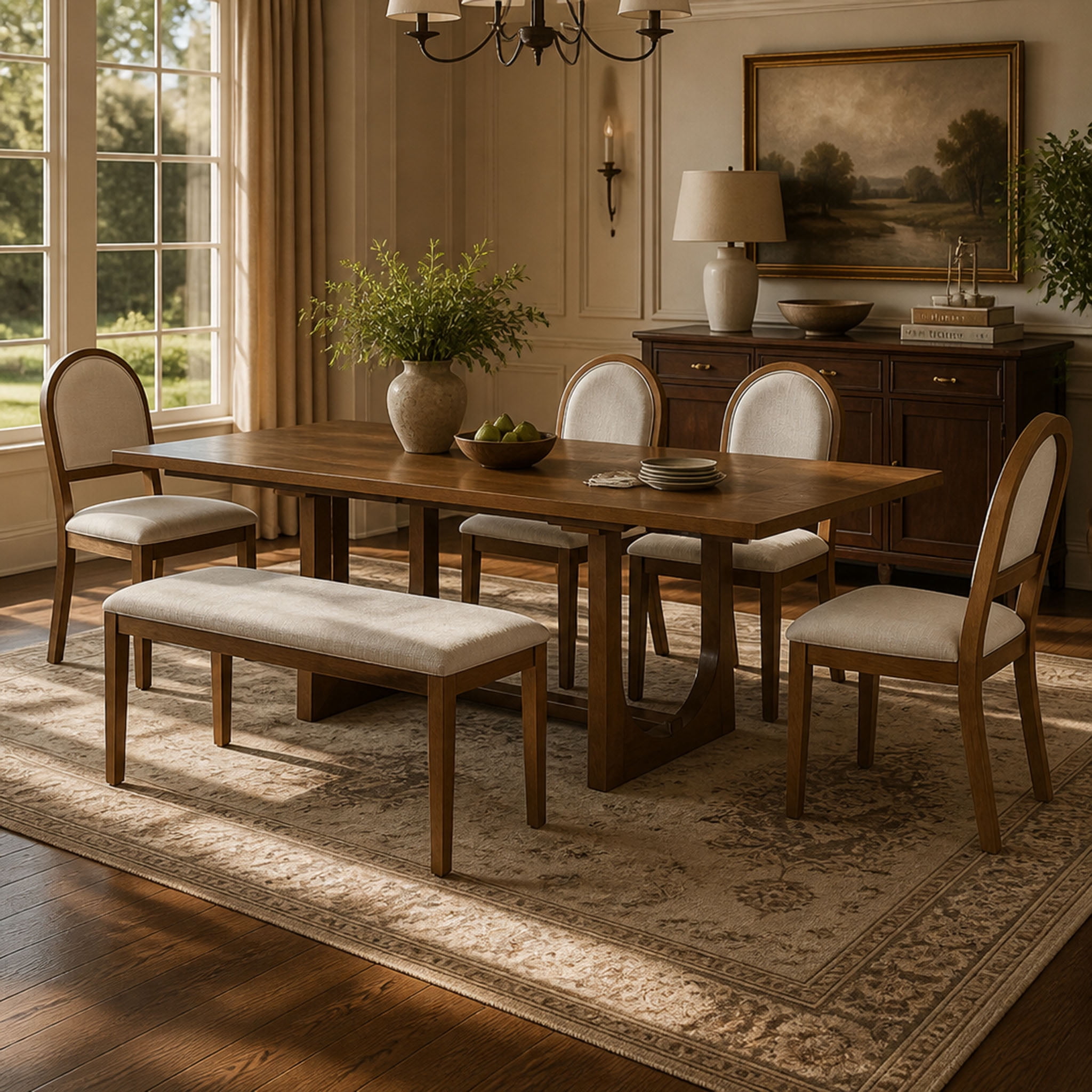6-Piece Dining Table Set for 6, 48.1"-84.3" Extendable Dining Table with 4 Upholstered Chairs and Bench