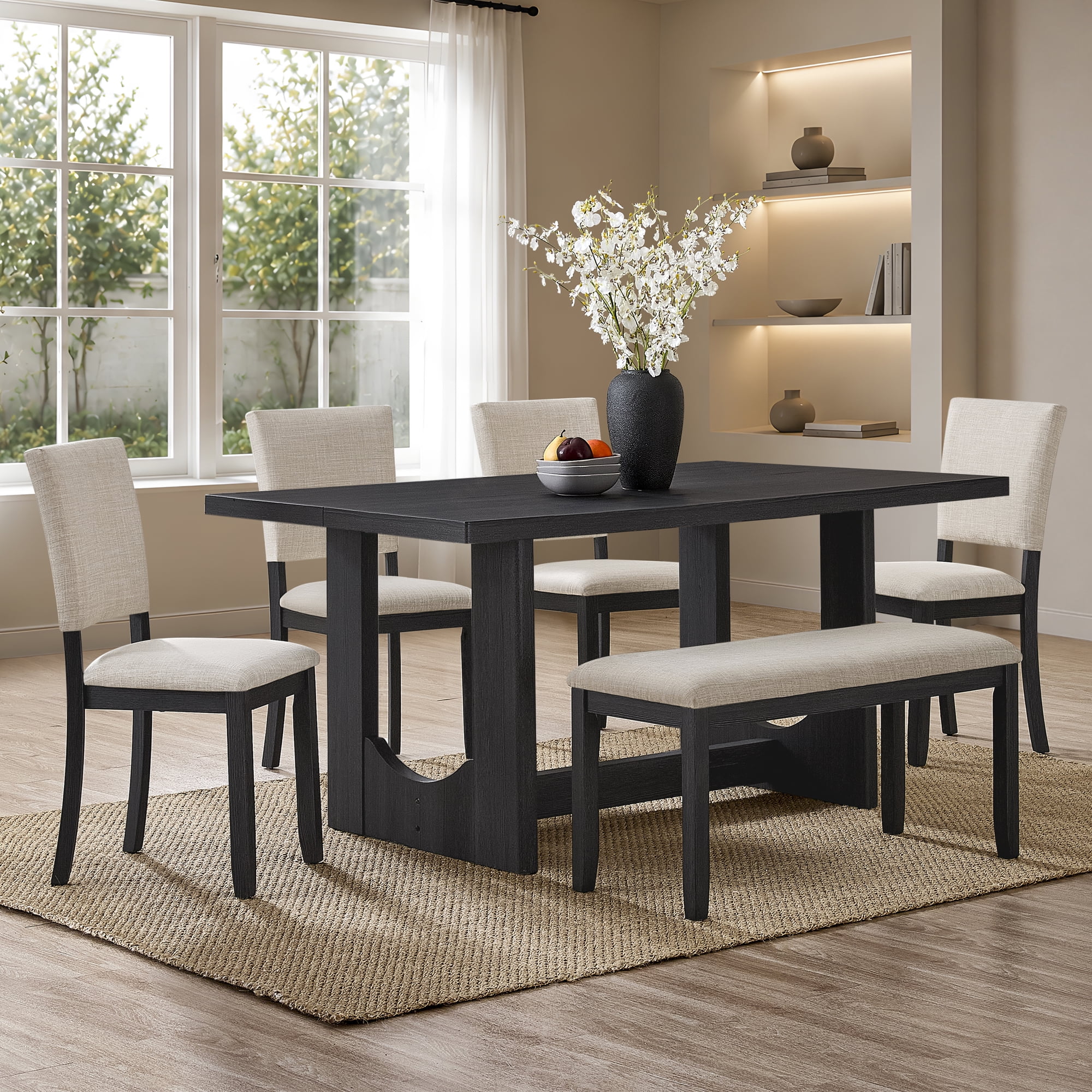 6-Piece Dining Table Set for 6, 57" Wood Rectangular Kitchen Table with 4 Chairs & Bench