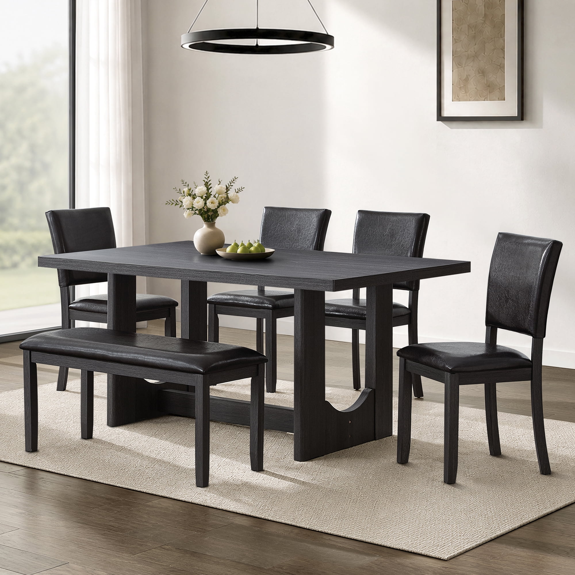6-Piece Dining Table Set for 6, 57" Wood Rectangular Kitchen Table with 4 PU Leather Chairs & Bench