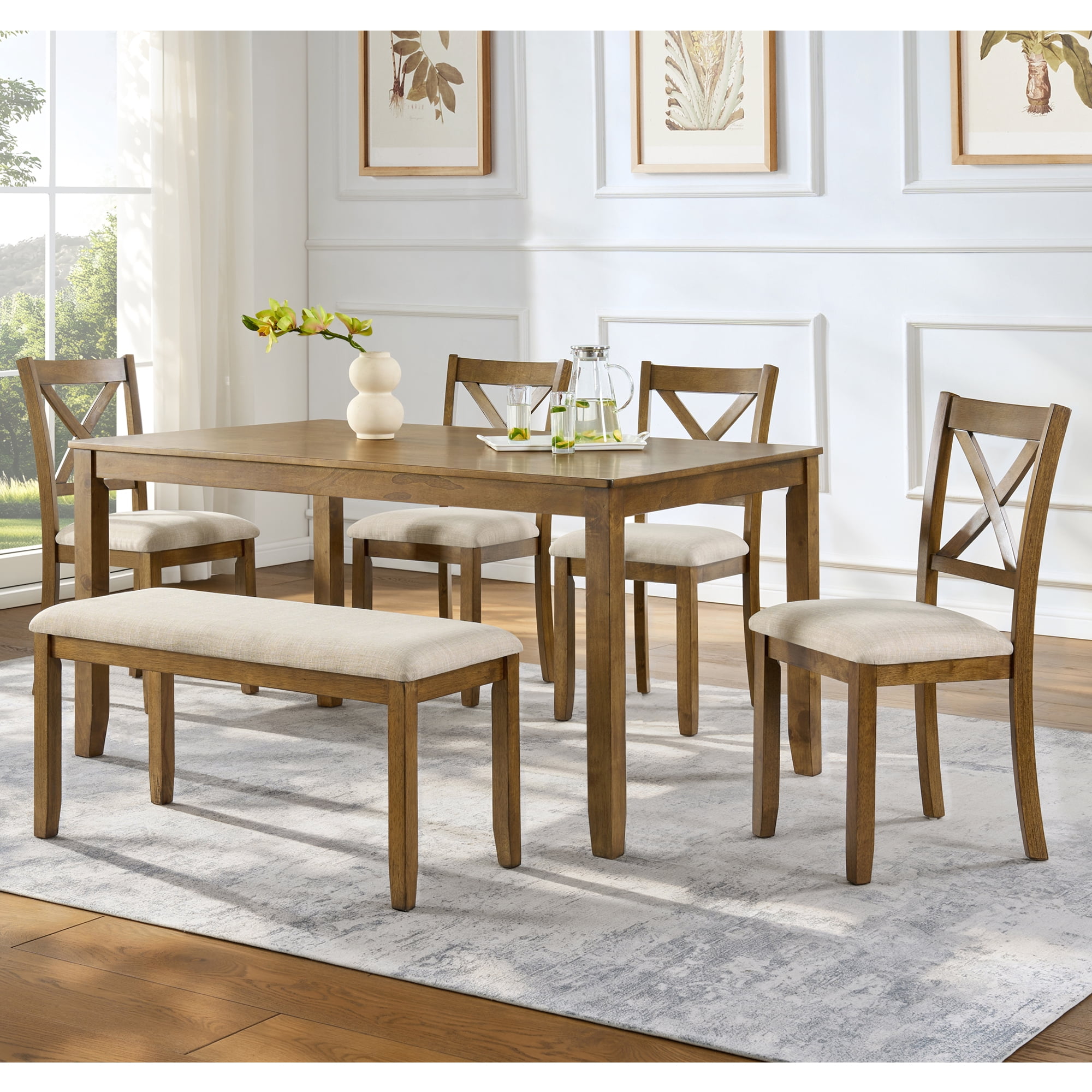 6-Piece Dining Table Set for 6, 58.5" Wood Rectangular Kitchen Table with 4 Chairs & Bench