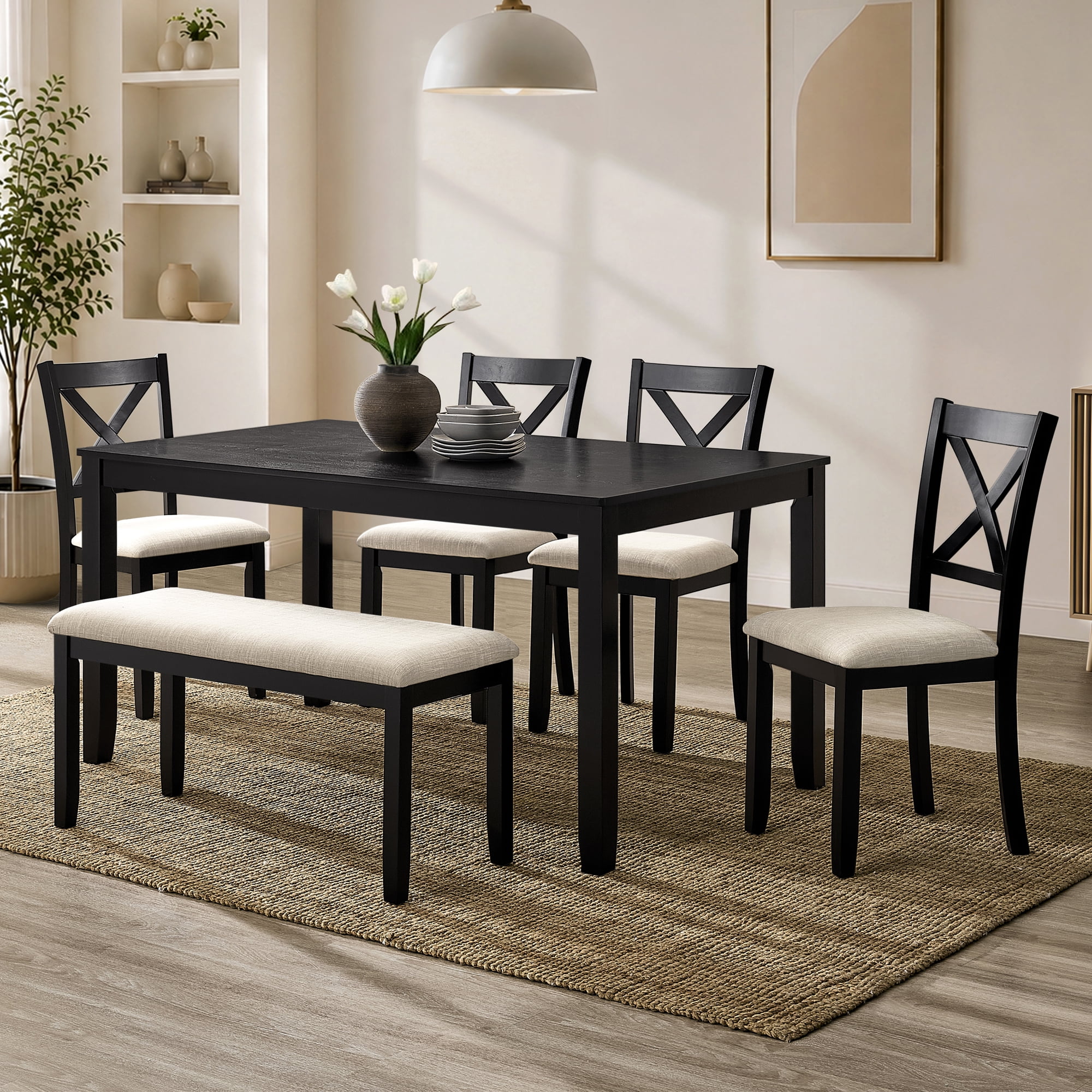 6-Piece Dining Table Set for 6, 58.5" Wood Rectangular Kitchen Table with 4 Chairs & Bench