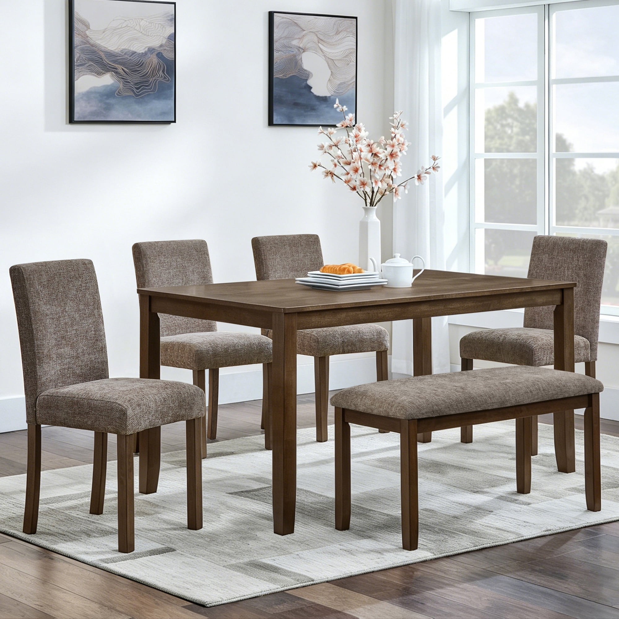6-Piece Dining Table Set for 6, 58.5" Wood Rectangular Kitchen Table with 4 Chairs & Bench