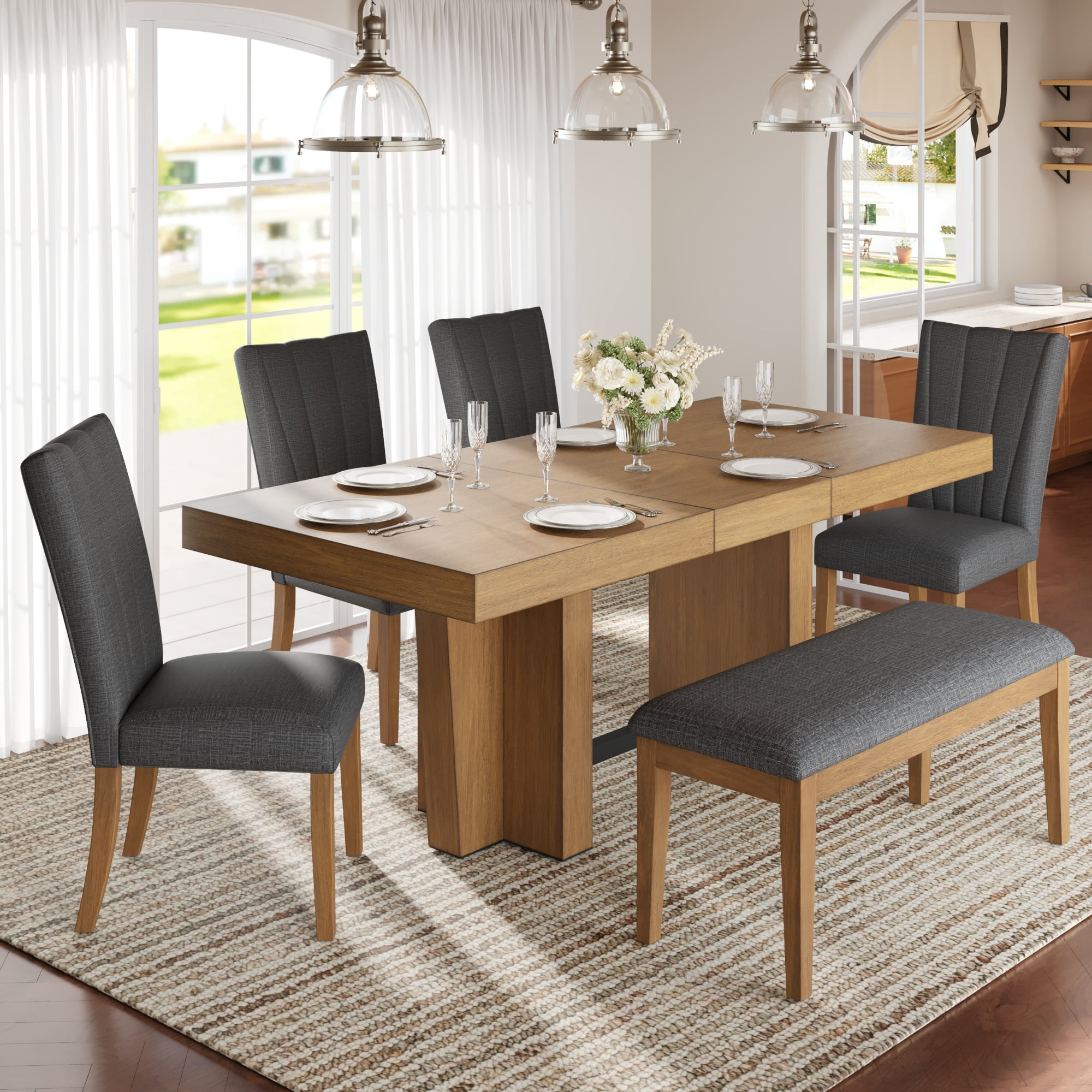 6 Piece Dining Table Set for 6, 58"-76" Extendable Dining Table with Bench and 4 Upholstered Chairs