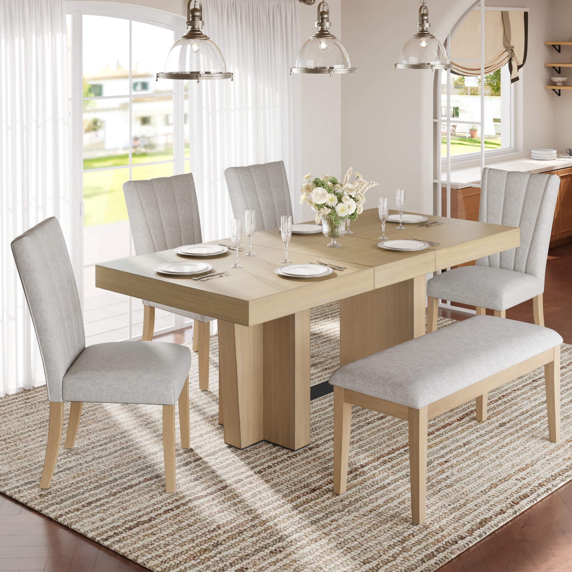 6 Piece Dining Table Set for 6, 58"-76" Extendable Dining Table with Bench and 4 Upholstered Chairs