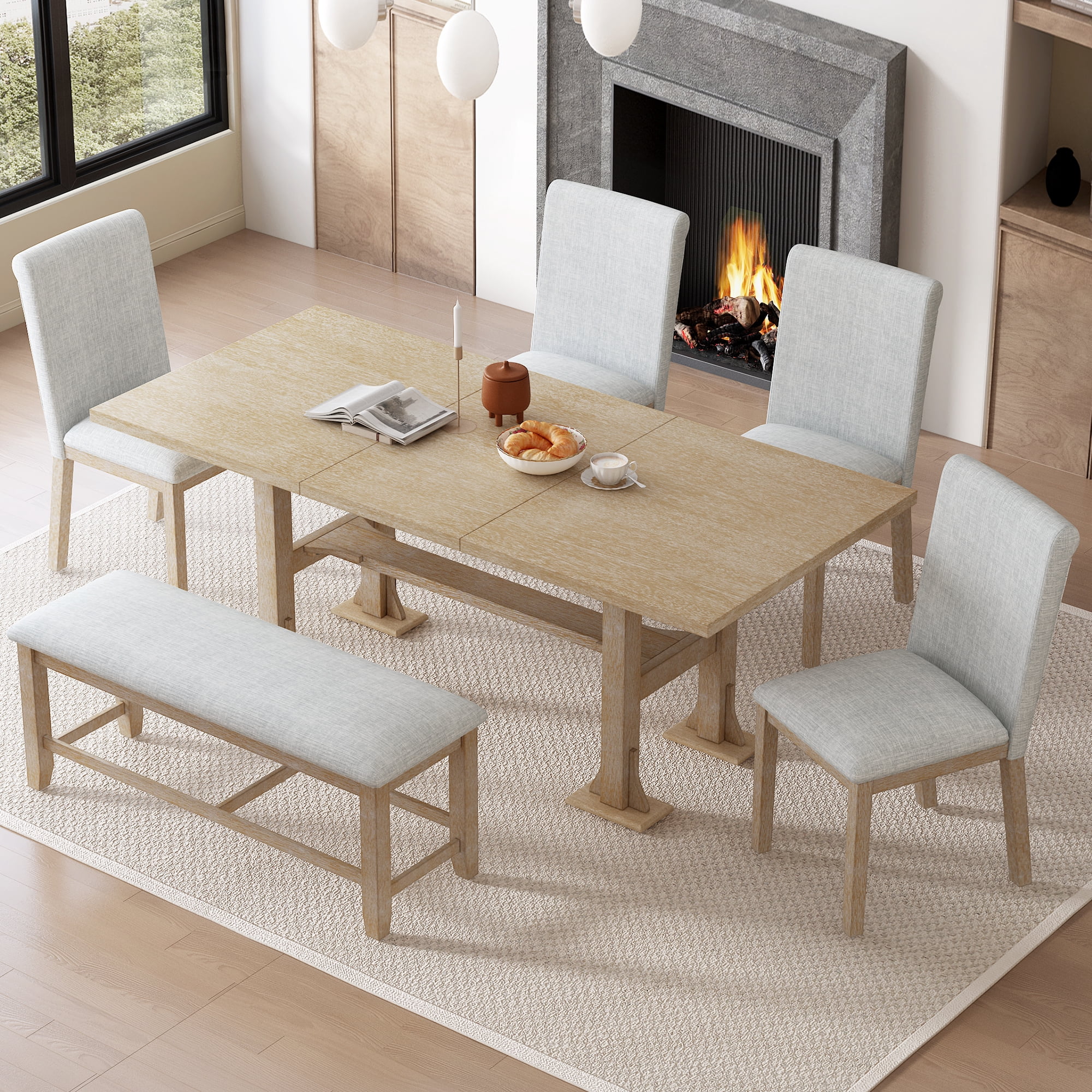 6-Piece Dining Table Set for 6, 58"-76" Extendable Dining Table with Removable Leaf, 4 Chair and Bench