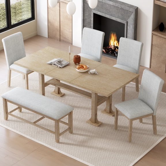6-Piece Dining Table Set for 6, 58"-76" Extendable Dining Table with Removable Leaf, 4 Chair and Bench