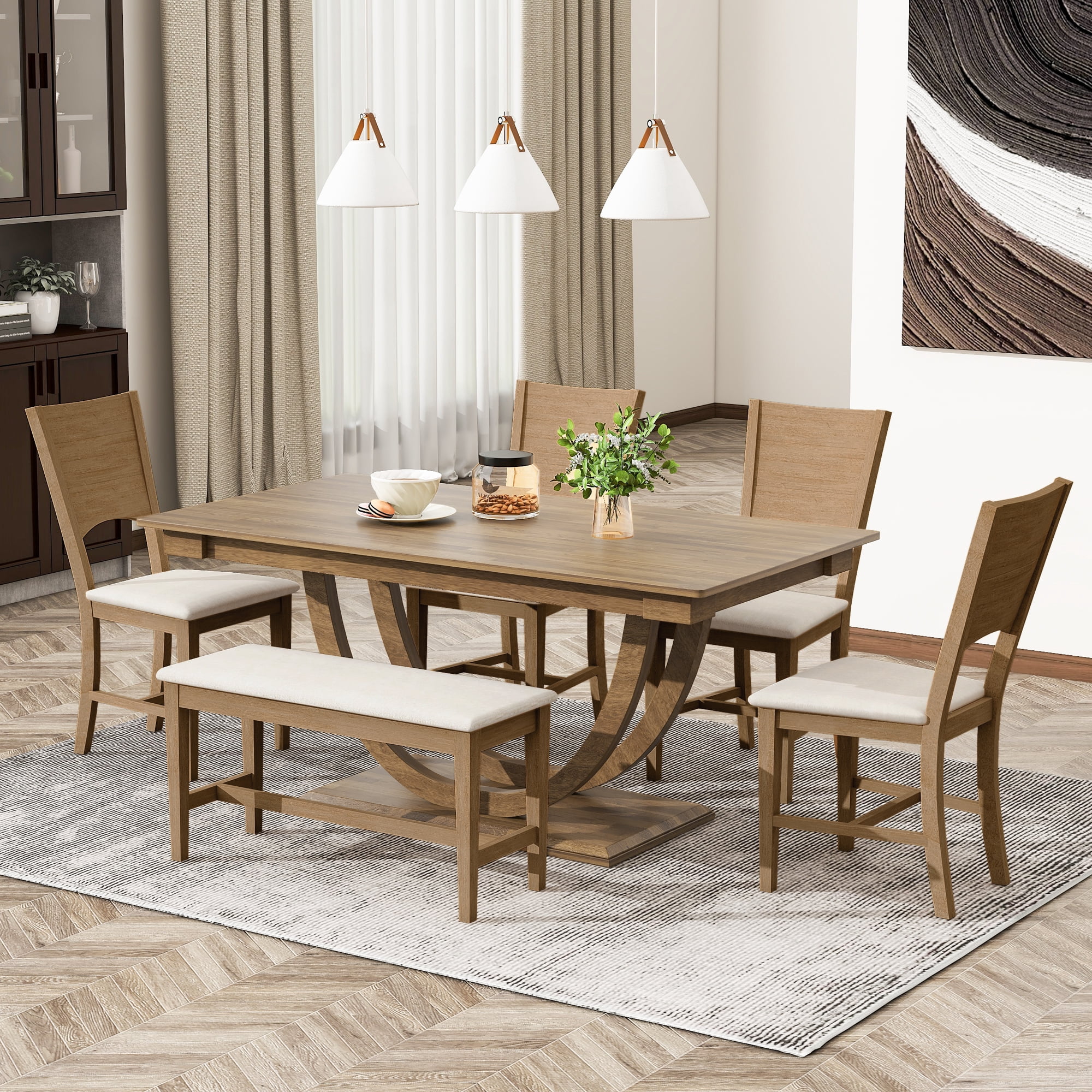 6-Piece Dining Table Set for 6, 59.1" Dining Table with Bench and 4 Dining Chairs