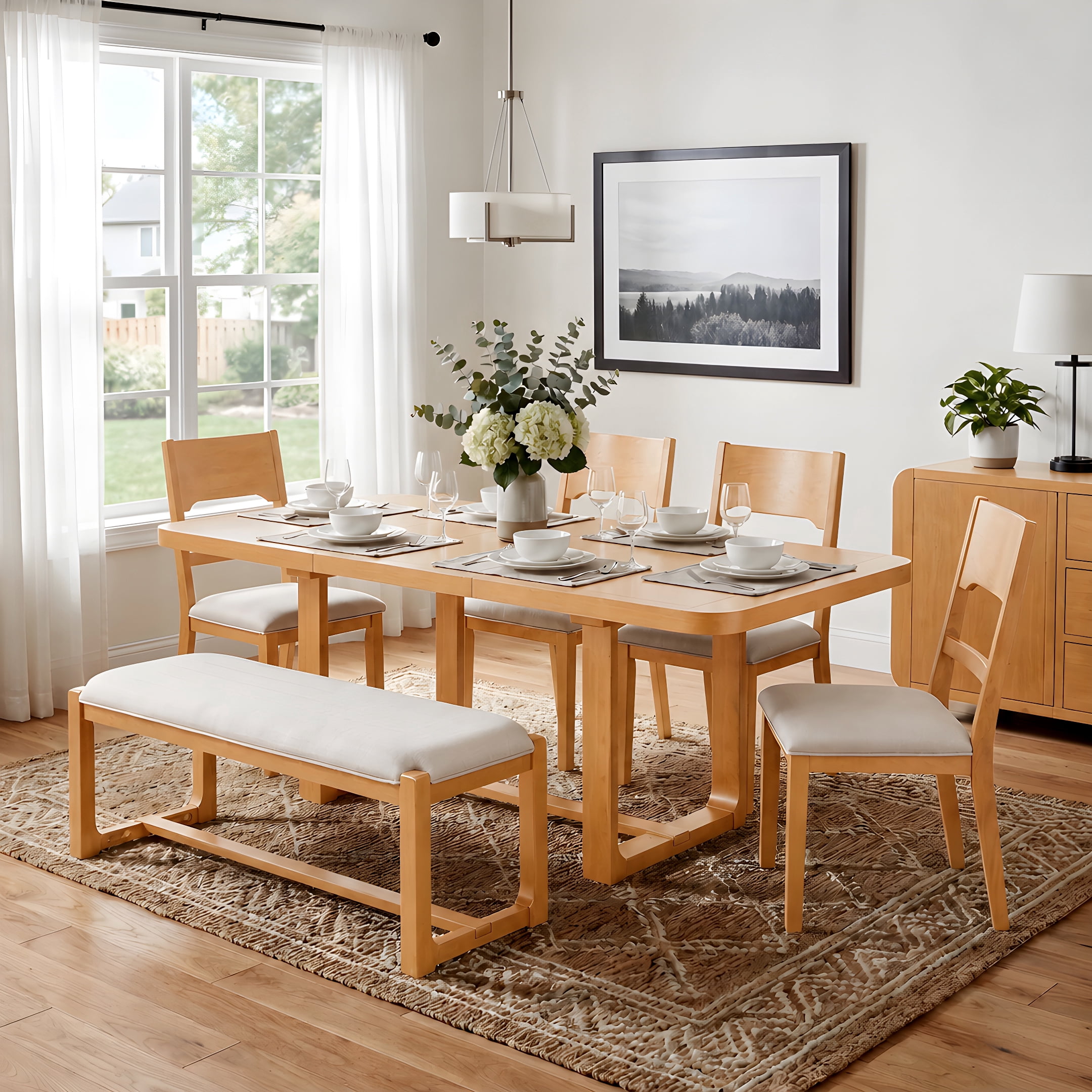 6-Piece Dining Table Set for 6, 60"–84" Extendable Dining Table with 4 Padded Chairs & Bench