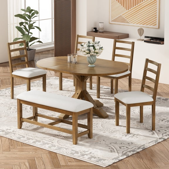 6-Piece Dining Table Set for 6, 60" Extendable Dining Table with 18" Removable Leaf, Bench and 4 Chairs