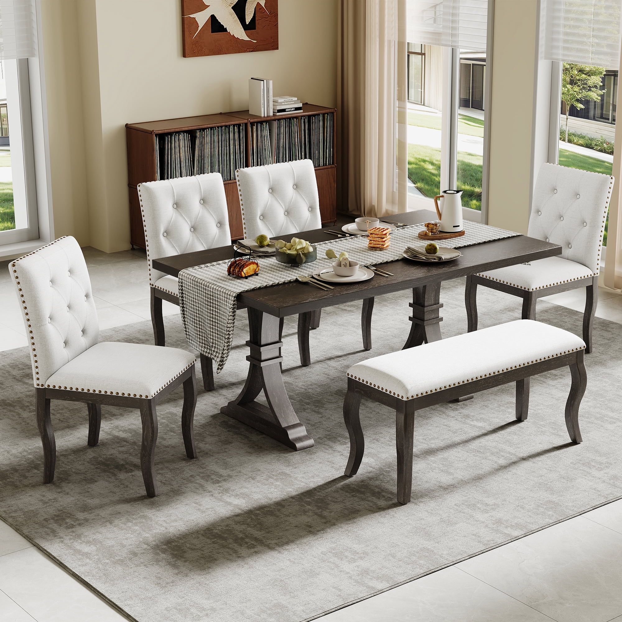 6-Piece Dining Table Set for 6 , 60" Large Rectangular Table with 4 Upholstered Chairs and Bench