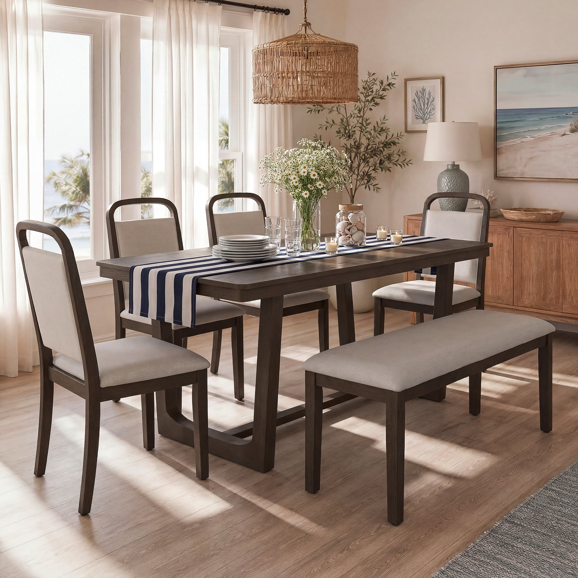 6-Piece Dining Table Set for 6, 60" Rectangular Dining Table with 4 Upholstered Chairs and 1 Bench