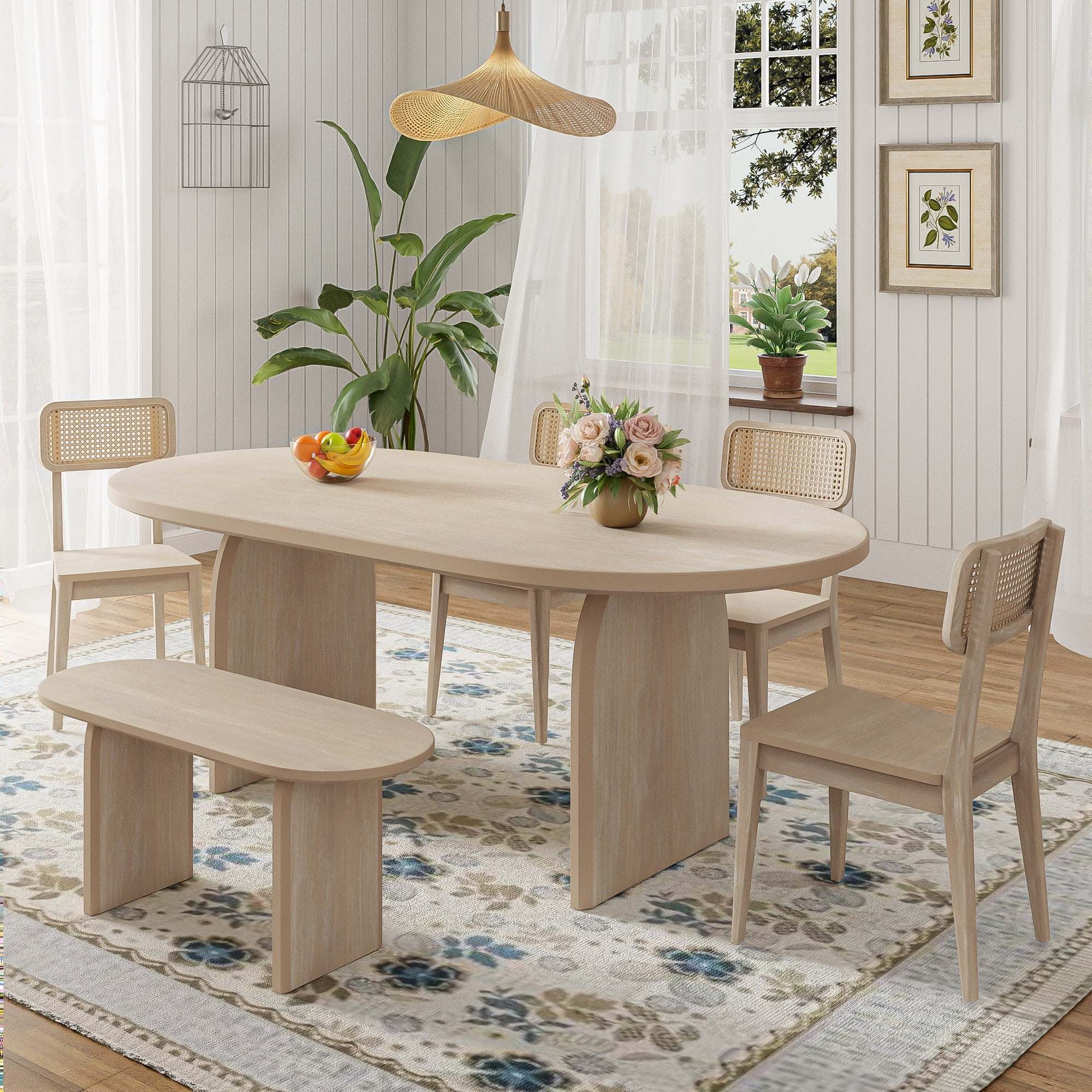 6 Piece Dining Table Set for 6, 71" Oval Dining Table with 4 Chairs and Bench