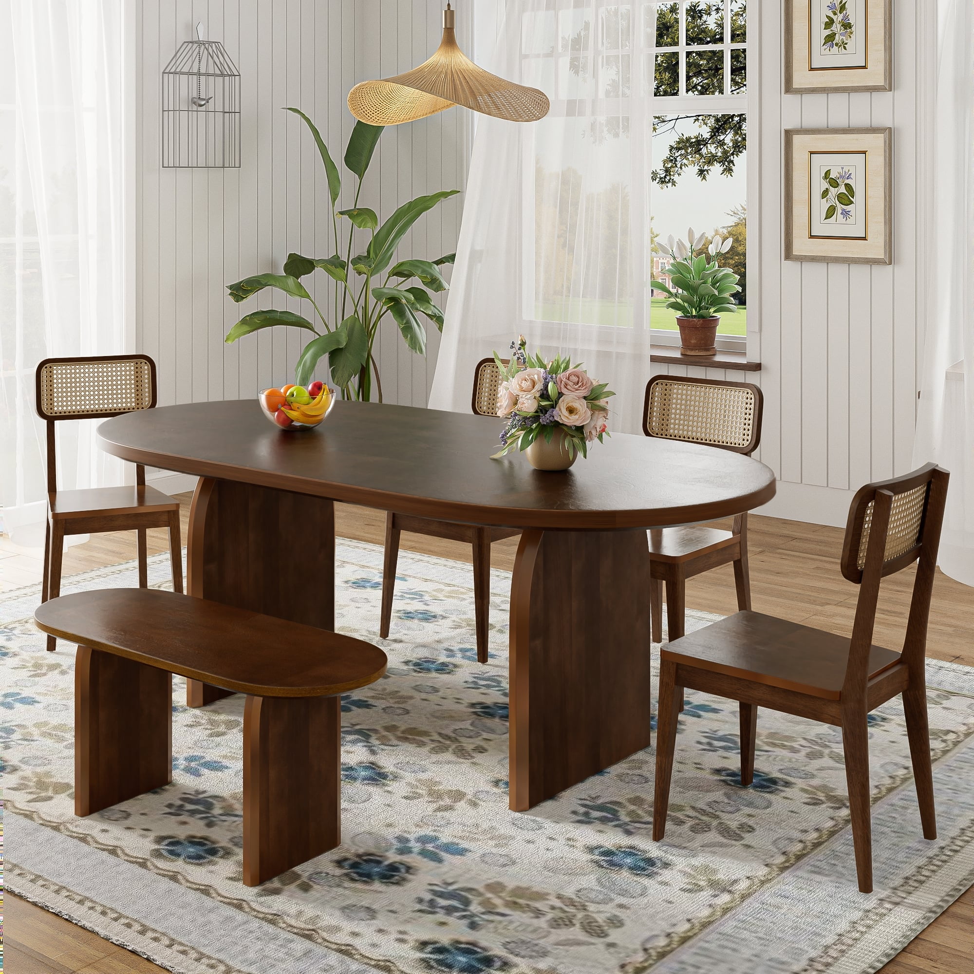 6 Piece Dining Table Set for 6, 71" Oval Dining Table with 4 Chairs and Bench