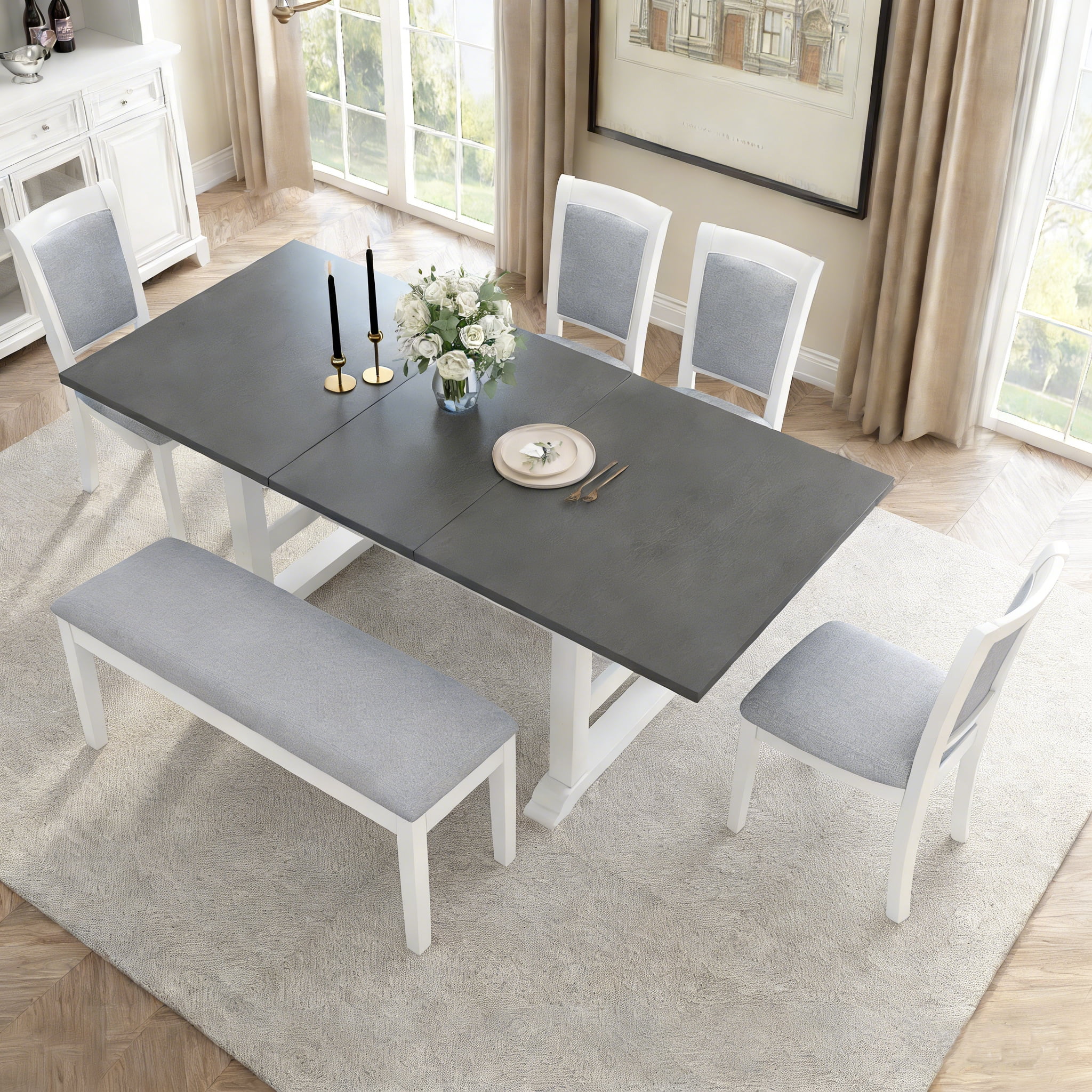 6-Piece Dining Table Set for 6, 76.9" Extendable Dining Table with Removable Leaf, 4 Chair and Bench