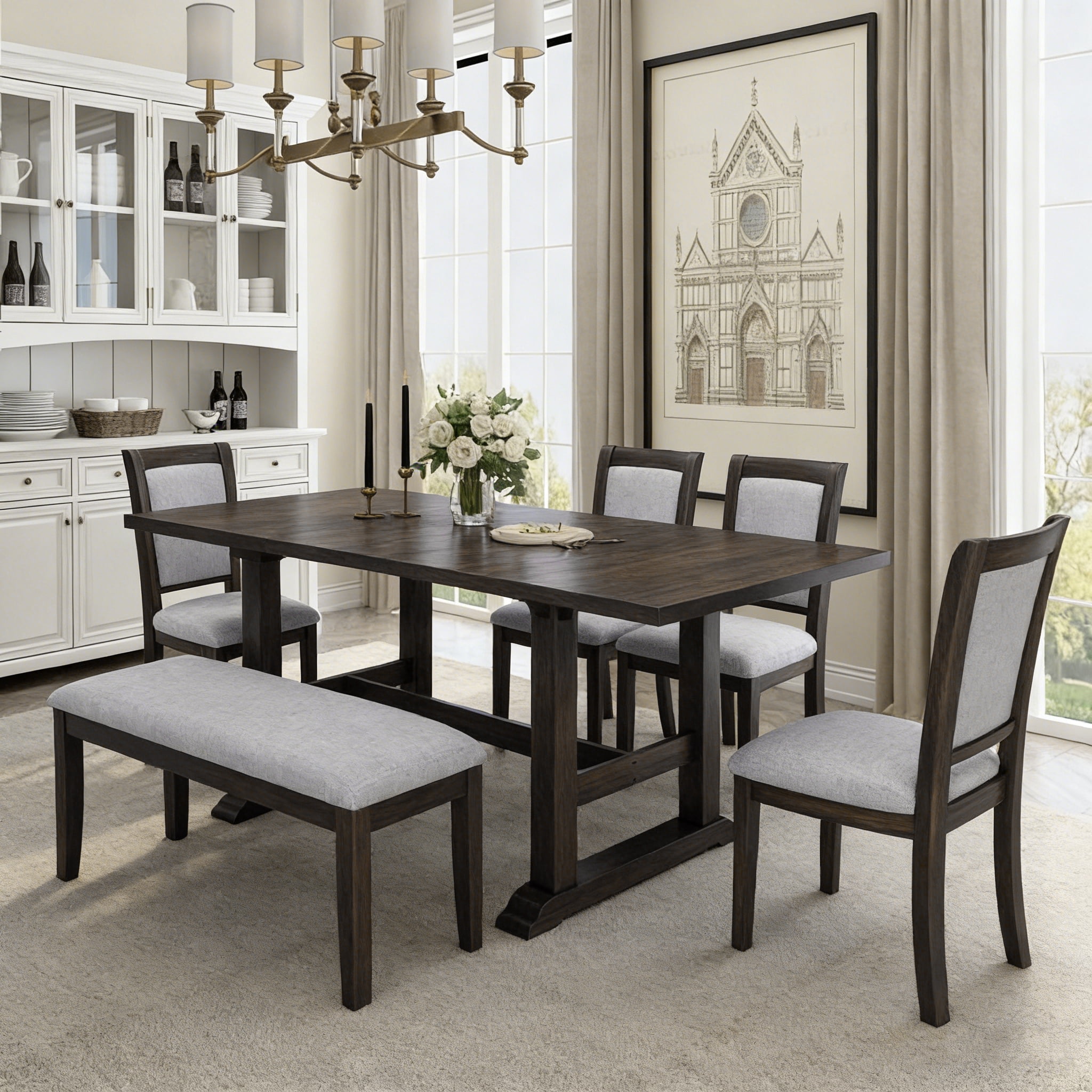 6-Piece Dining Table Set for 6, 76.9" Extendable Dining Table with Removable Leaf, 4 Chair and Bench