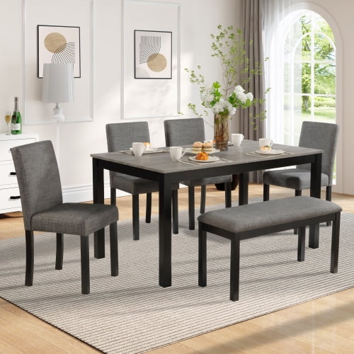 6-Piece Dining Table Set for 6 with Bench, Modern Wooden Dining Set with Upholstered Chairs for Kitchen Dining Room, Light Grey & Black Two Tone