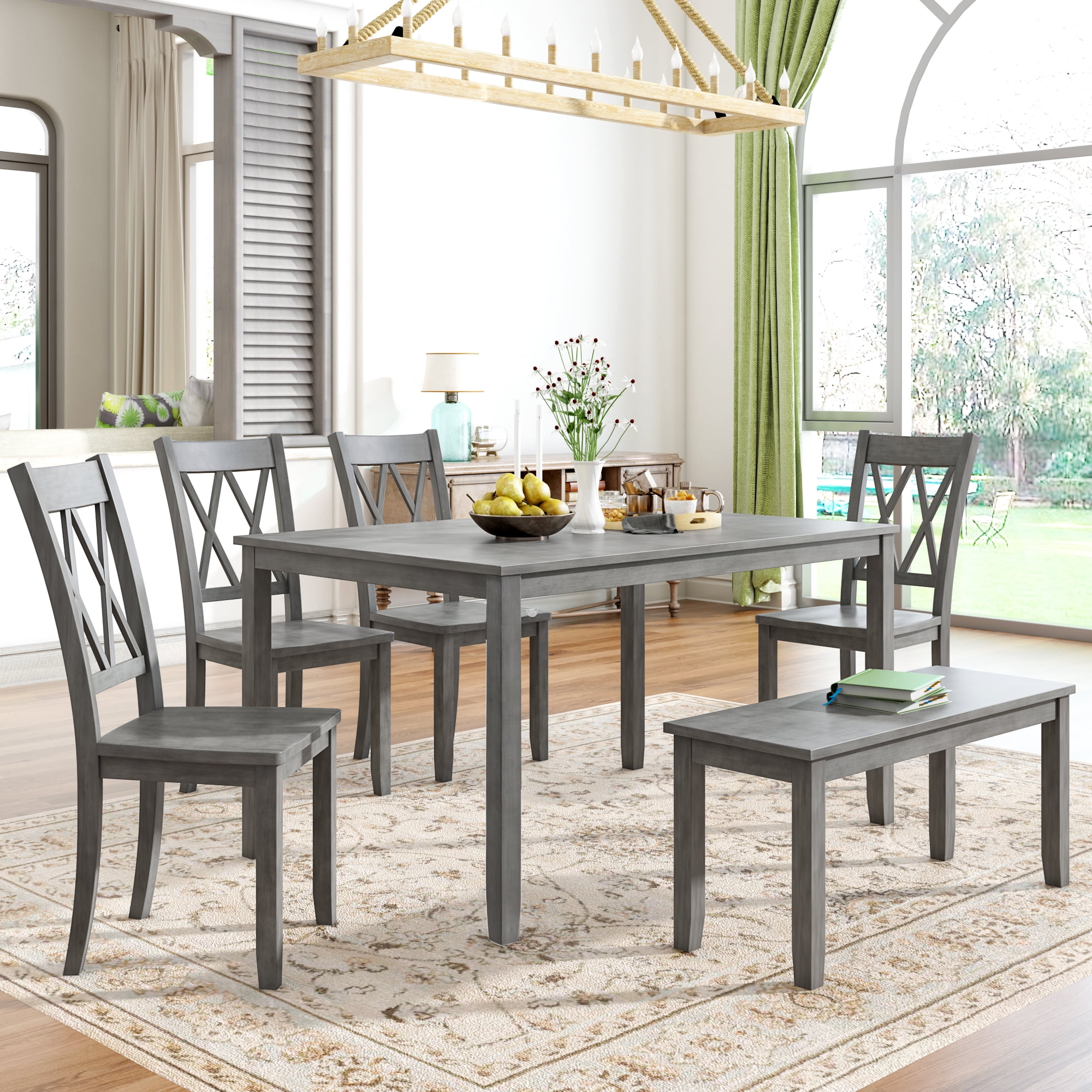 6 Piece Dining Table Set with 4 Chairs and Bench, Wooden Dining Set for ...