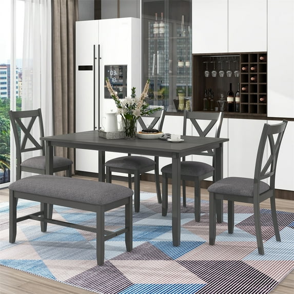6 Piece Dining Table Set with 4 Chairs and Bench, Wooden Dining Set for Kitchen, Dining Room, Gray