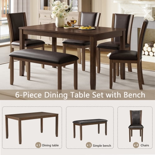 6-Piece Dining Table Set with Bench and Upholstered Chairs Farmhouse ...