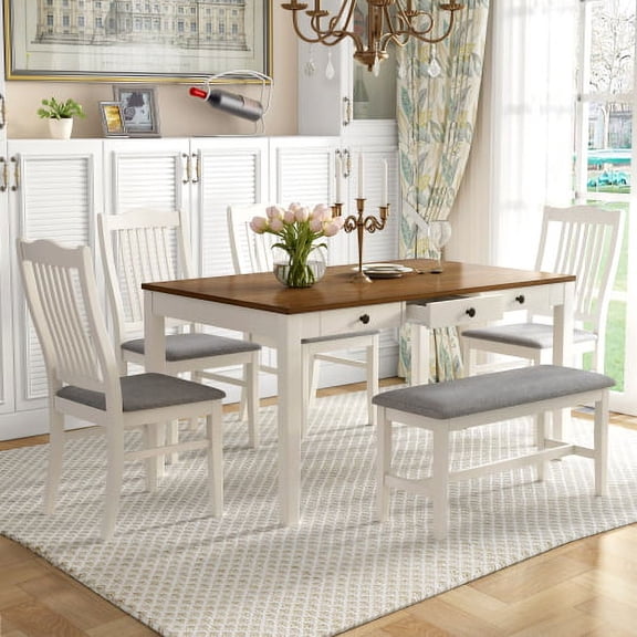 6-Piece Dining Table Set with Drawer, Upholstered Chairs and Bench for Dining Room Kitchen, Mid-Century Vintage Design, White