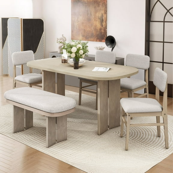 6-Piece Dining Table Set with Upholstered Chairs and Bench