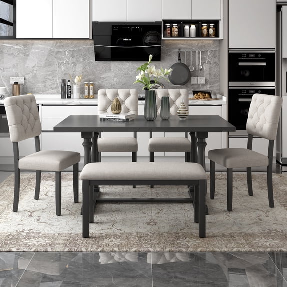 6-Piece Dining Table and Chair Set with Special-Shaped Legs and Foam-covered Seat Backs&Cushions, Gray