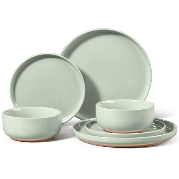Vesteel Stoneware Dinnerware Sets for 2, 6 Pieces Ceramic Plates and Bowls Sets, Elegant Dishes with Rustic Terracotta Base, Dishwasher & Microwave Safe, Scratch Resistant, Light Green