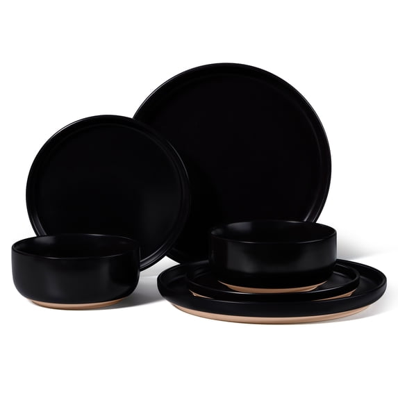 Vesteel Stoneware Dinnerware Sets for 2, 6 Pieces Ceramic Plates and Bowls Sets, Elegant Dishes with Rustic Terracotta Base, Dishwasher & Microwave Safe, Scratch Resistant, Matte Black