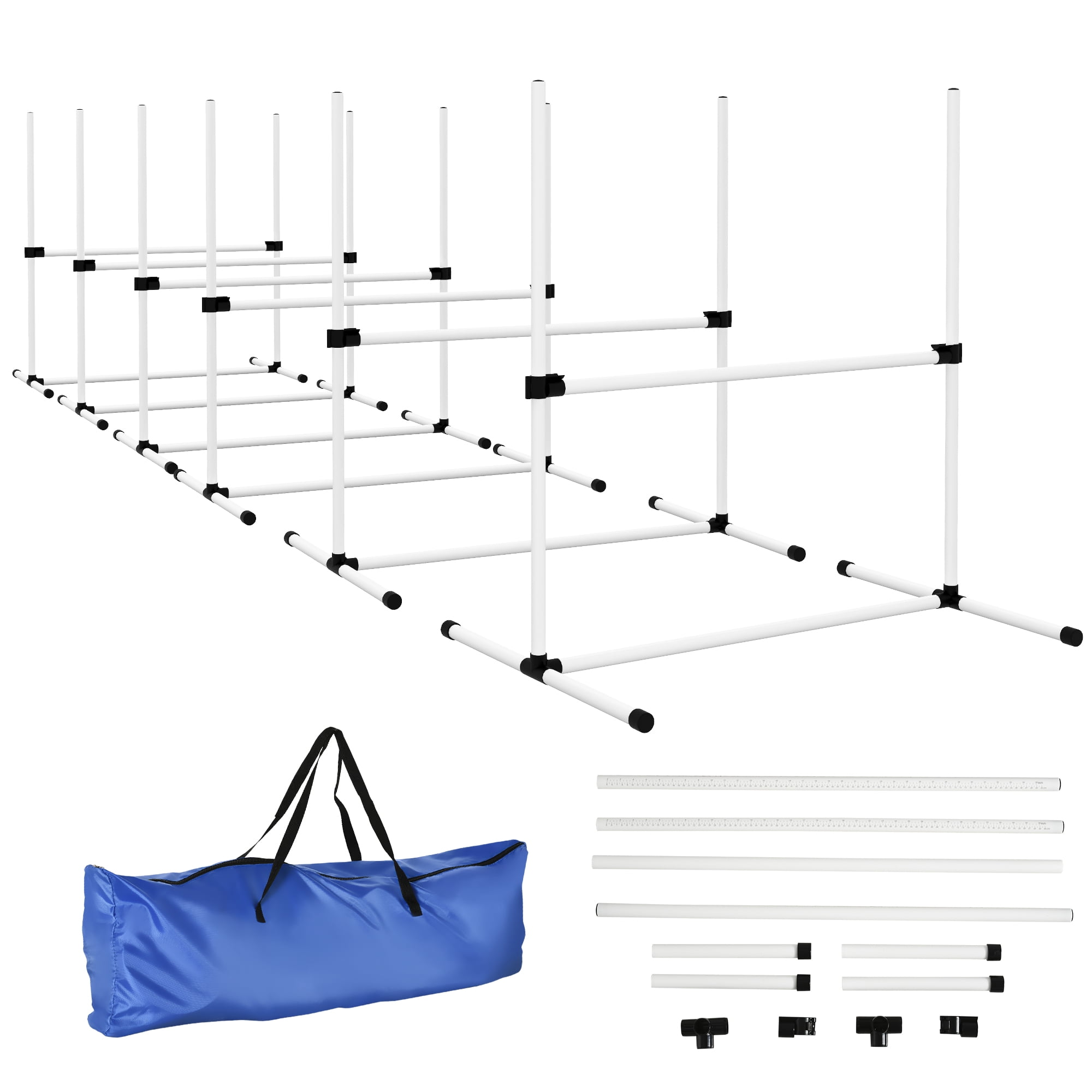 6 Piece Dog Agility Training Equipment for Dog Agility Course with Adjustable Height Jump Bars, Included Carry Bag, & Displacing Top Bar, White
