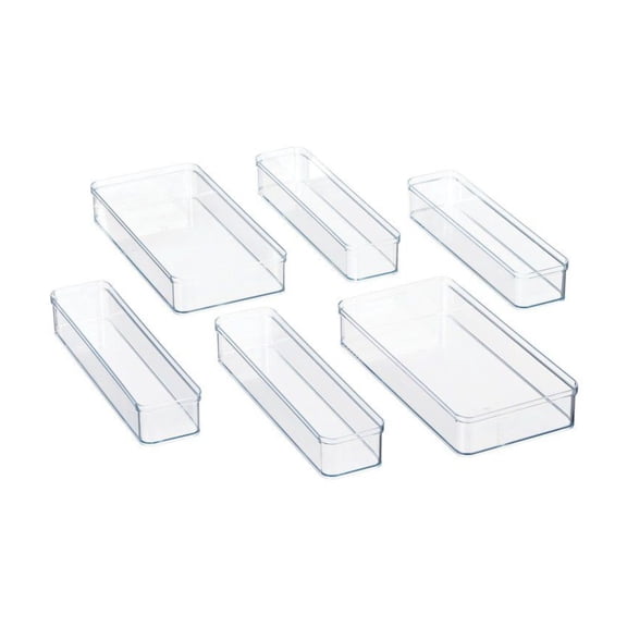 6-Piece Drawer Organizer Set, Clear Plastic Bins - Kitchen, Pantry, Bathroom, Closet Storage - Stackable Containers for Utensils, Snacks, Office Supplies