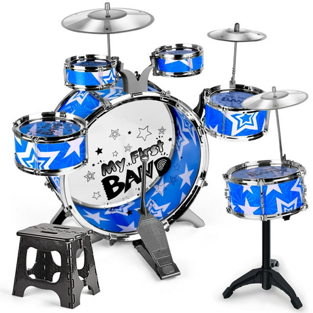 6Piece Drum Set Drum Kit Jazz Drum Set with Folding Step Stool Cymbal