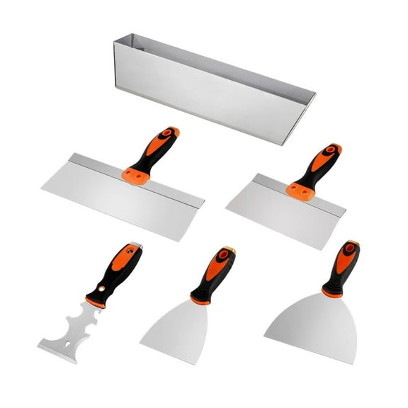 Heavy Duty Drywall Scraper Set 6PCS Stainless Steel Putty Knives (3''-12'') with Mud Pan for Paint, Joint Compound & Spackle