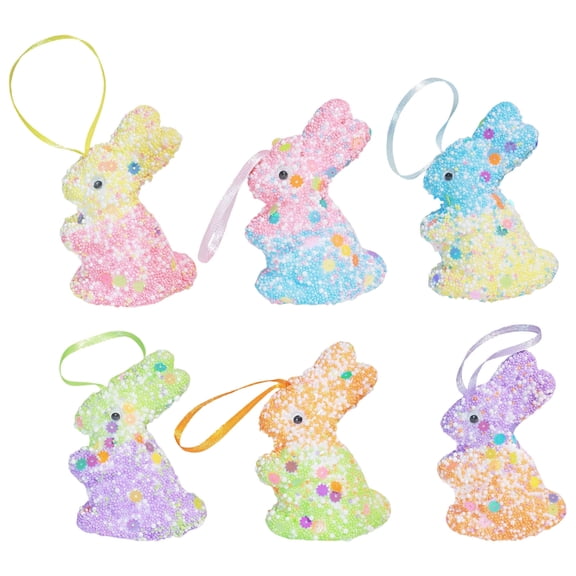 6-Piece Easter Foam Rabbit Hanging Ornaments Set – Double-Sided Print, 2.9-Inch Bright Spring Decorations with Satin Ribbons for Trees, Windows, Party Backdrops