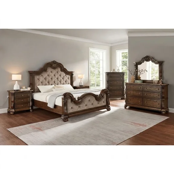 6-Piece Eastern King Dark Cherry Wood Traditional Bedroom Set with Faux Marble Top
