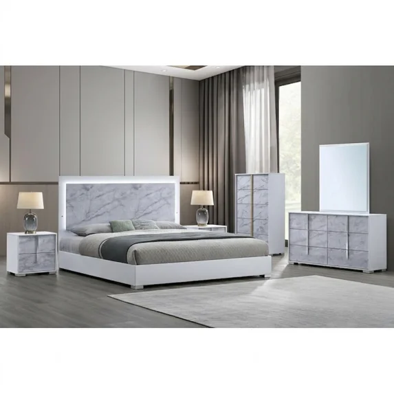 6-Piece Eastern King White/Silver Wood Modern Lacquer Bedroom Set with LED Lighting