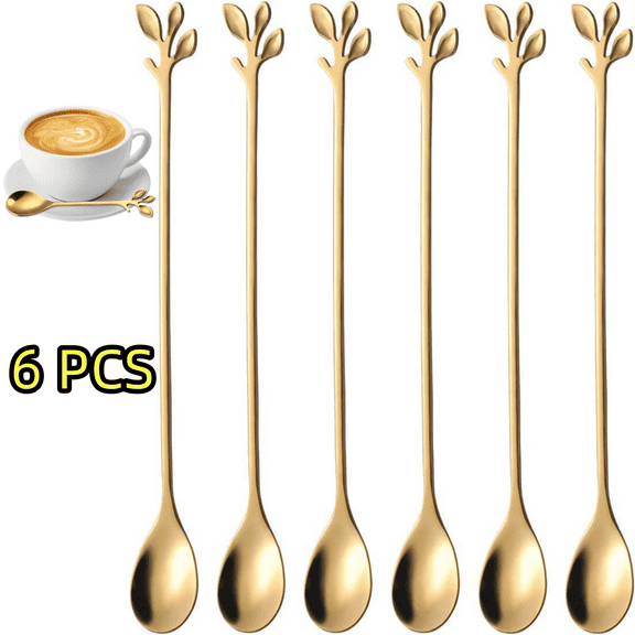 CCF 6pcs Elegant Gold Adult Floral Long Handle Teaspoons, 7.4" Stainless Steel Stirring Spoons for Coffee & Tea