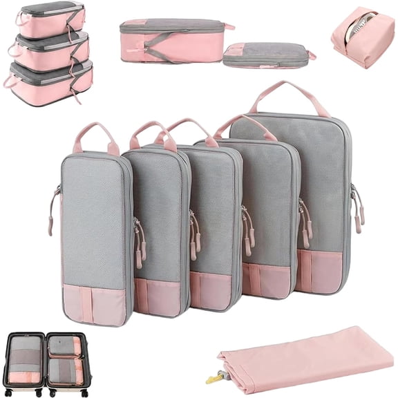 6-Piece Expandable Space-Saving Cubes for Travel,Lightweight Compression Travel Organizer Bags,with Mesh Luggage Organizers, Shoe Bag & Laundry Pouch for Suitcase,Backpack,Closet Pink