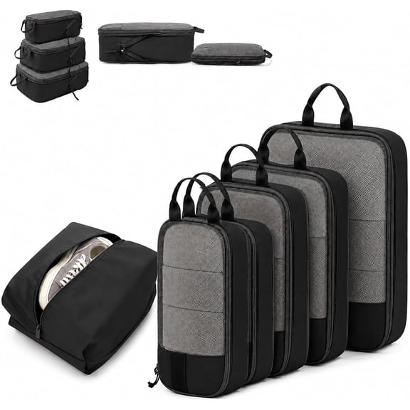 6-Piece Expandable Space-Saving Packing Cubes, Expandable Space-Saving Cubes for Travel, Compression Luggage Organizer Bags with Shoe Bag and Laundry Pouch for Suitcase, Carry-On, Cruise (Black)