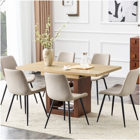 6-Piece Extendable Dining Set with Storage, Warm Gray Fabric Chairs, Pull-Out Table in Walnut Brown for Dining Room & Kitchen