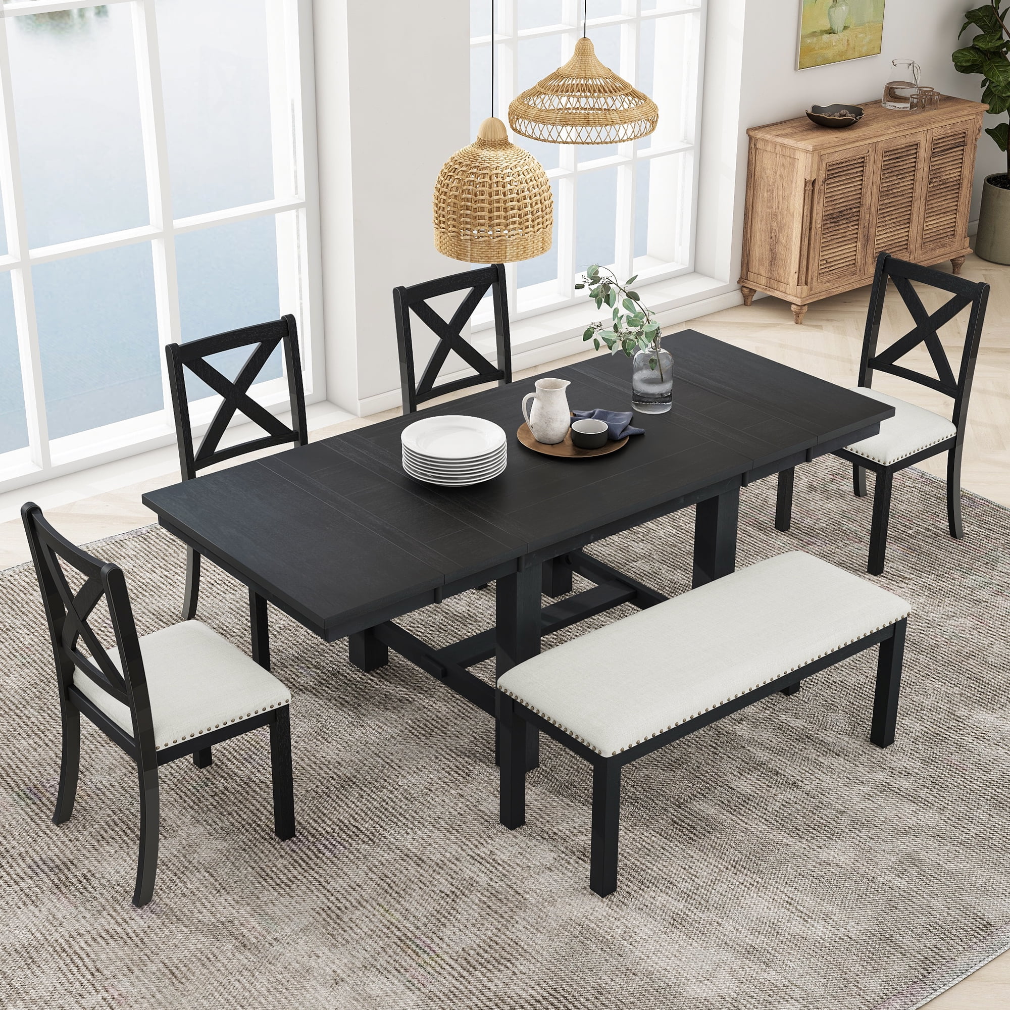 6 Piece Extendable Dining Table Set for 6 Persons, 82in Farmhouse Wood ...