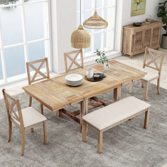 6 Piece Extendable Dining Table Set for 6 Persons, 82in Farmhouse Wood Dining Set with Rectangular Trestle Table and 4 Upholstered Chairs & Bench, Natural