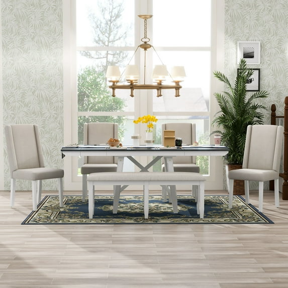 6 Piece Extendable Dining Table Set, Atumon Wood Dining Room Set for 6, Dining Table Set with 4 Beige Cushioned Chairs and Bench, Farmhouse Dining Table Set Furniture for Kitchen Dining Room, Gray