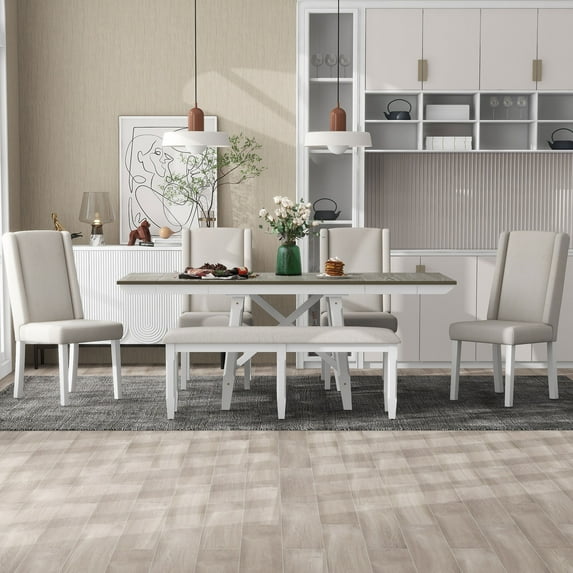 6 Piece Extendable Dining Table Set, Atumon Wood Dining Room Set for 6, Dining Table Set with 4 Beige Cushioned Chairs and Bench, Farmhouse Dining Table Set Furniture for Kitchen Dining Room, Black