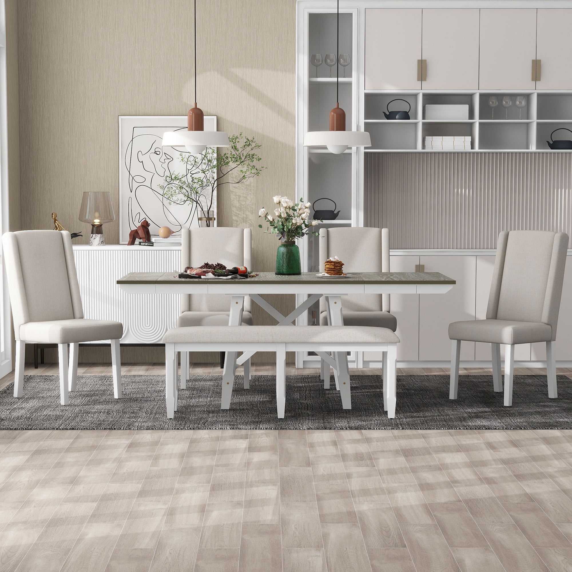 Atumon 6 Piece Extendable Dining Table Set, Wood Dining Room Furniture with 4 Beige Cushioned ...
