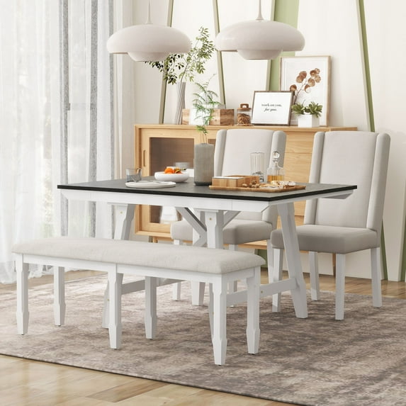 6-Piece Extendable Wood Dining Table Set with Upholstered Chairs & 1 Bench, Rectangular Wood Dining Table Set with 2 Removable Leaves, Suitable for Living Room, Cafe, Hotel (White&Black)