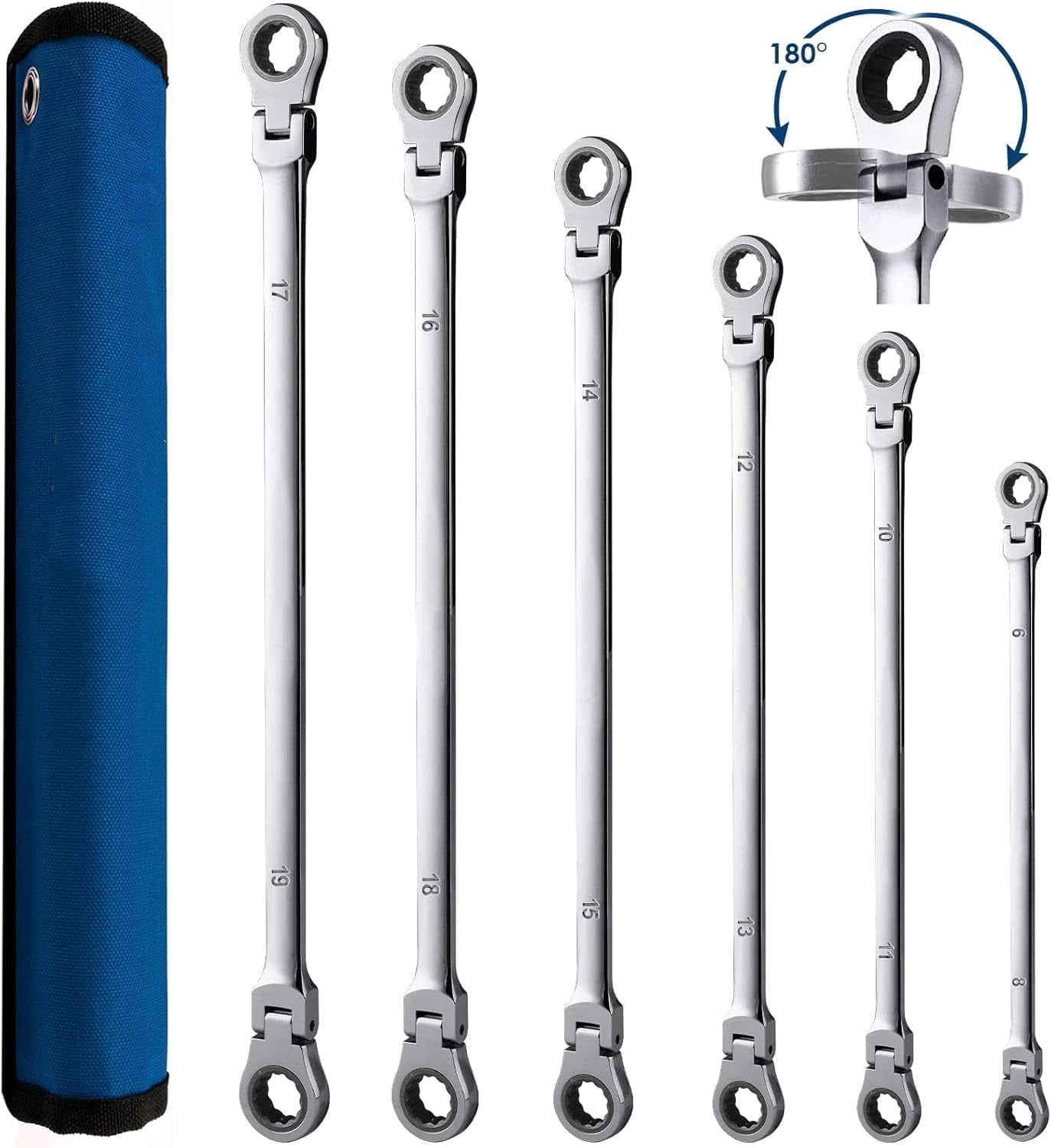 6-Piece Extra Long Flex-Head Ratcheting Wrench Set, Metric, 8mm19mm, 72 Tooth, Chrome Vanadium Steel with Storage Roll